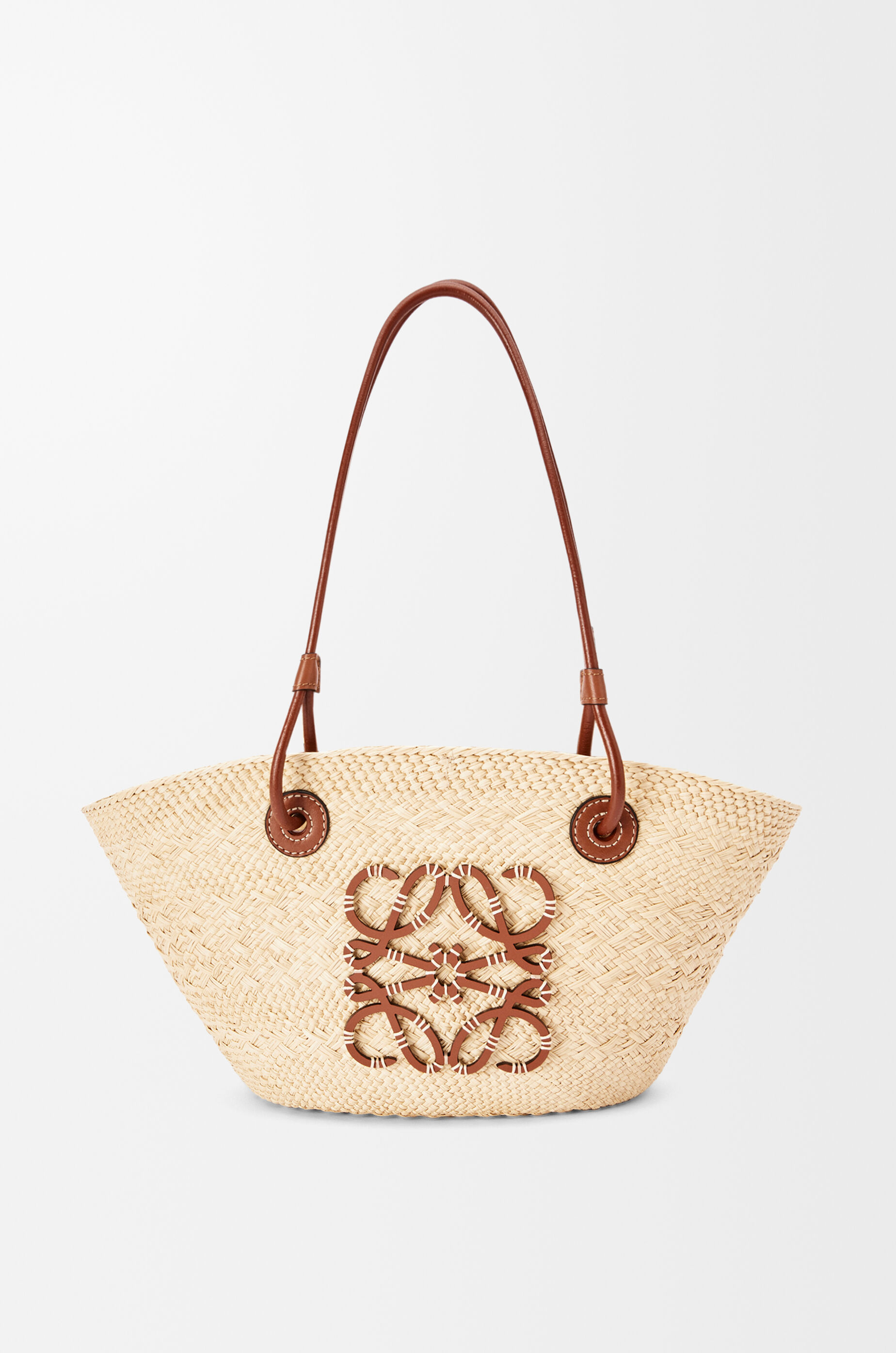 Small Anagram Basket bag in iraca palm and calfskin Beige - LOEWE