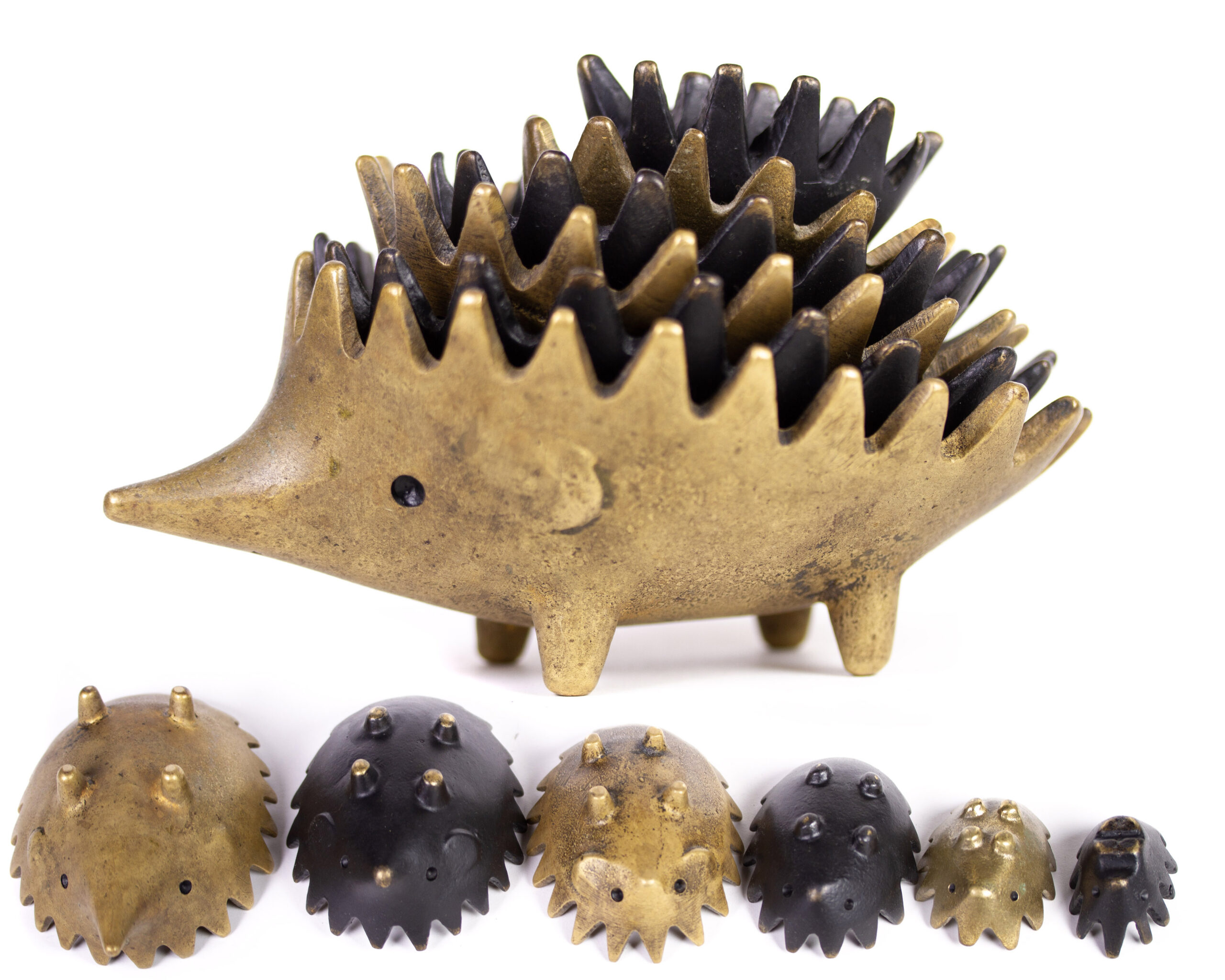 Walter Bosse Vintage Nesting Hedgehog Ashtray Set, Black & Gold