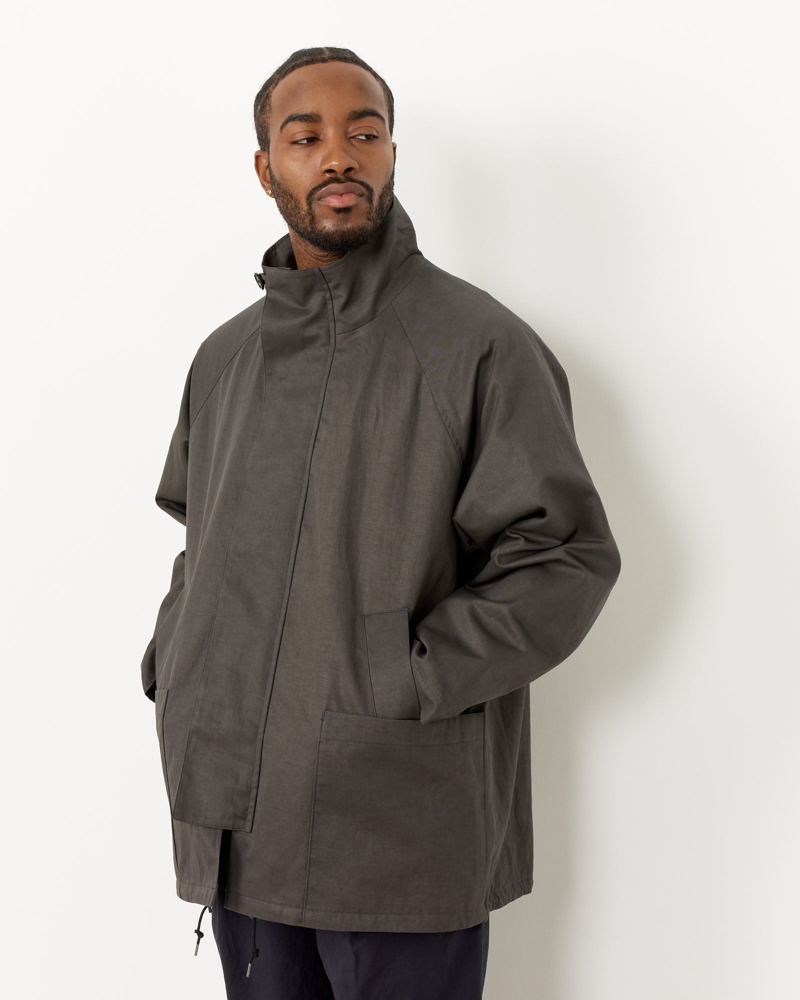 Stand Collar Half Coat in Charcoal