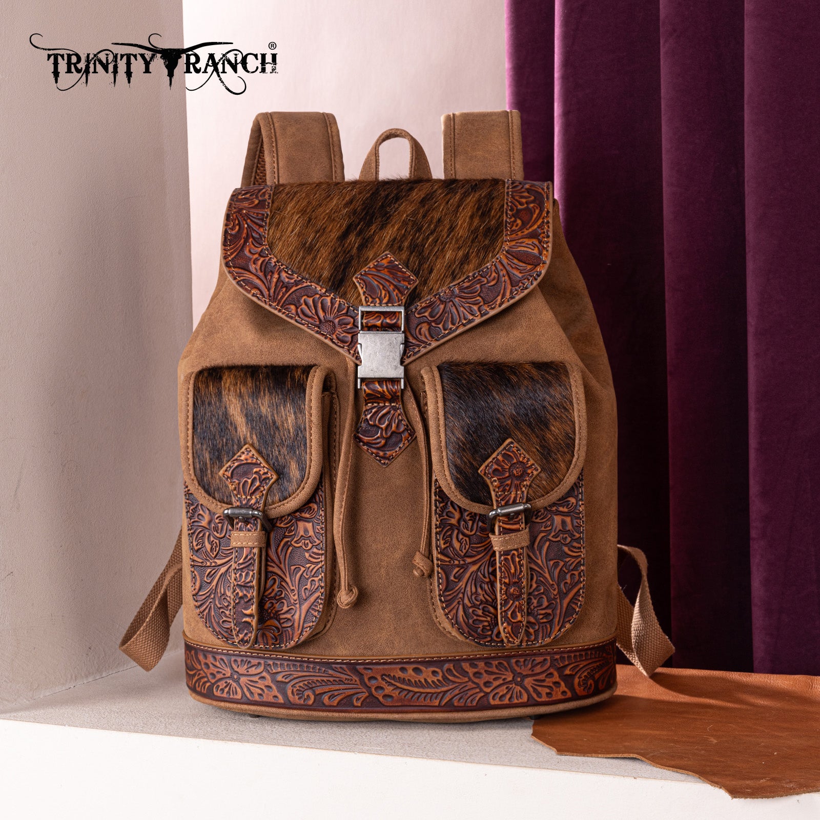 TR185-9110 Trinity Ranch Genuine Hair-On Cowhide Tooled Backpack