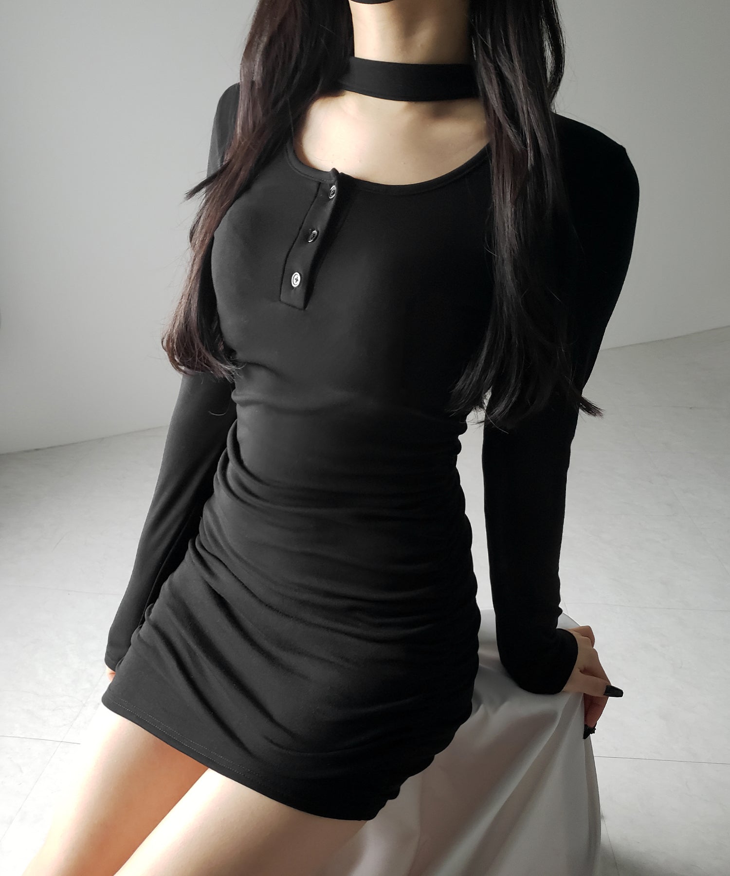 3color ／ 裏起毛 】チョーカーネックシャーリングミニワンピース