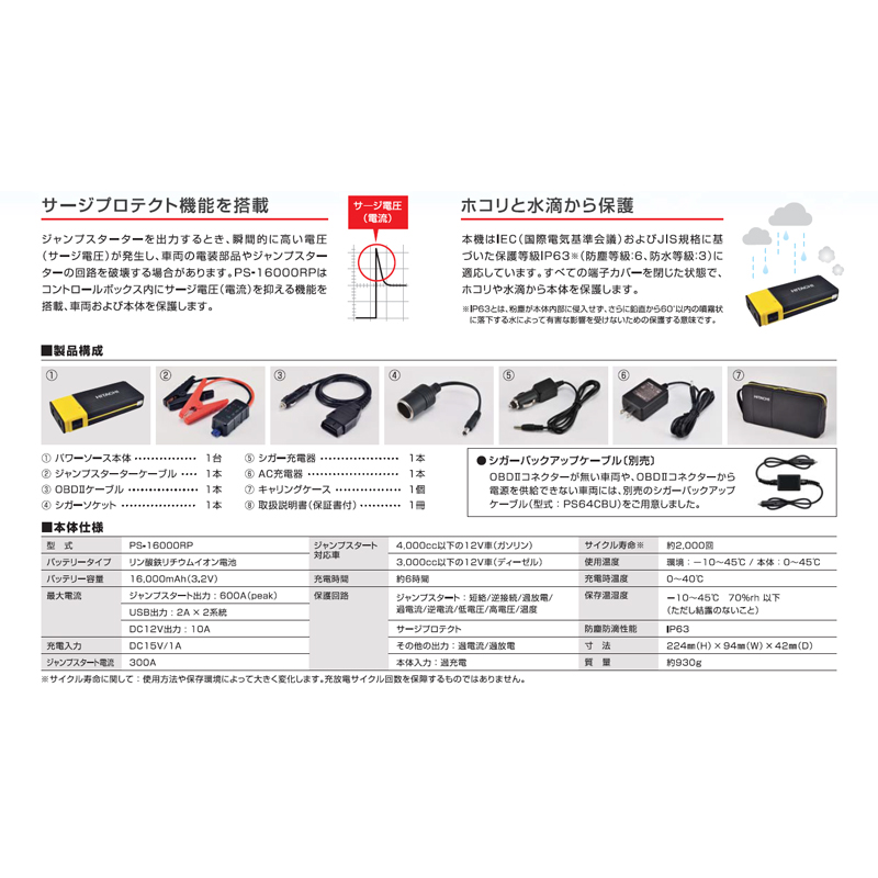 ポータブルパワーソース ジャンプスターター 12V車用 PS-16000RP｜保安