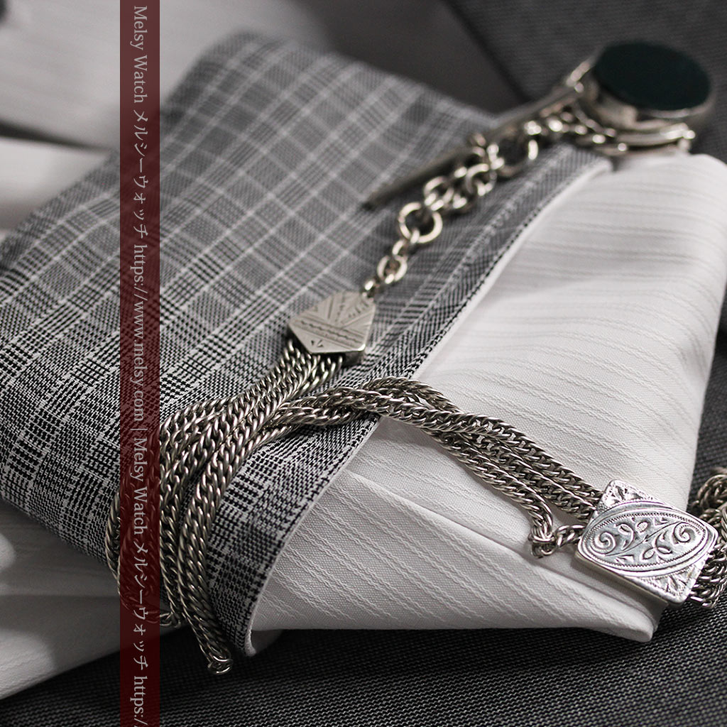 回転する石飾りのついたアンティーク銀無垢懐中時計チェーン