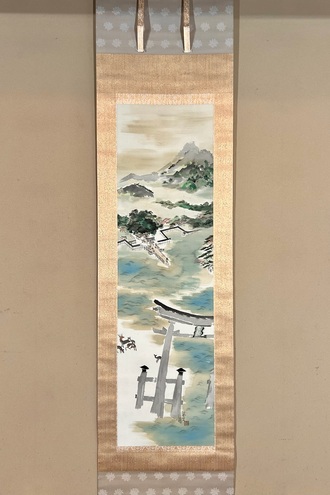 富田渓仙 紙本水墨画 【 春 日 】 妻富田芳子極め箱 軸先 木 347 富田