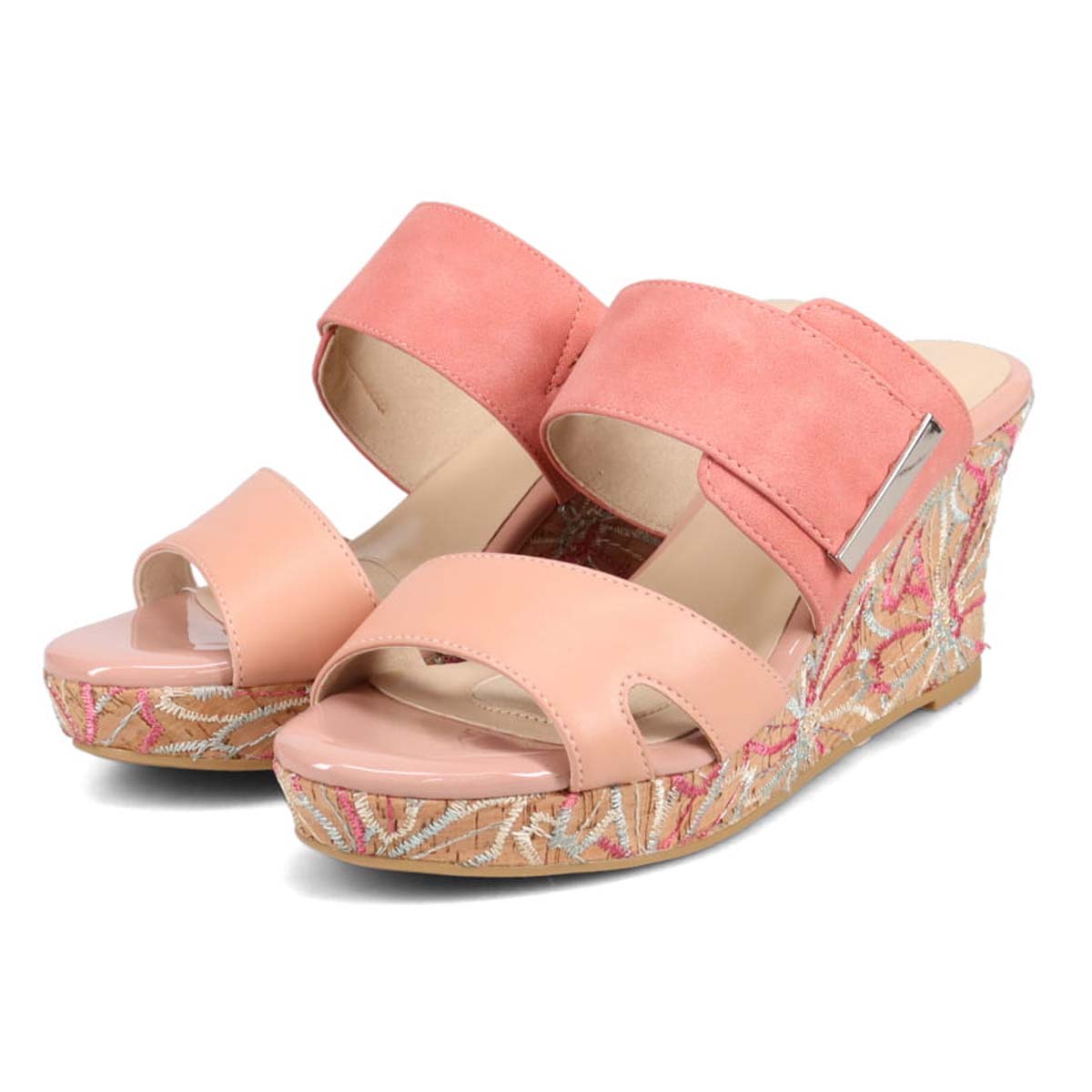 テーン tehen 透かし模様コルクヒールの異素材コンビ ミュールサンダル