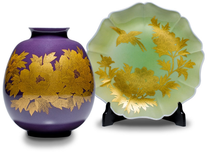 陶器瓶 徳利 暗い紫色 金色模様 木村素静先生 彫刻 夢柄子 鉄線