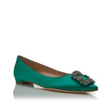 HANGISIFLAT | Green Satin Jewel Buckle Flat Pumps | Manolo Blahnik