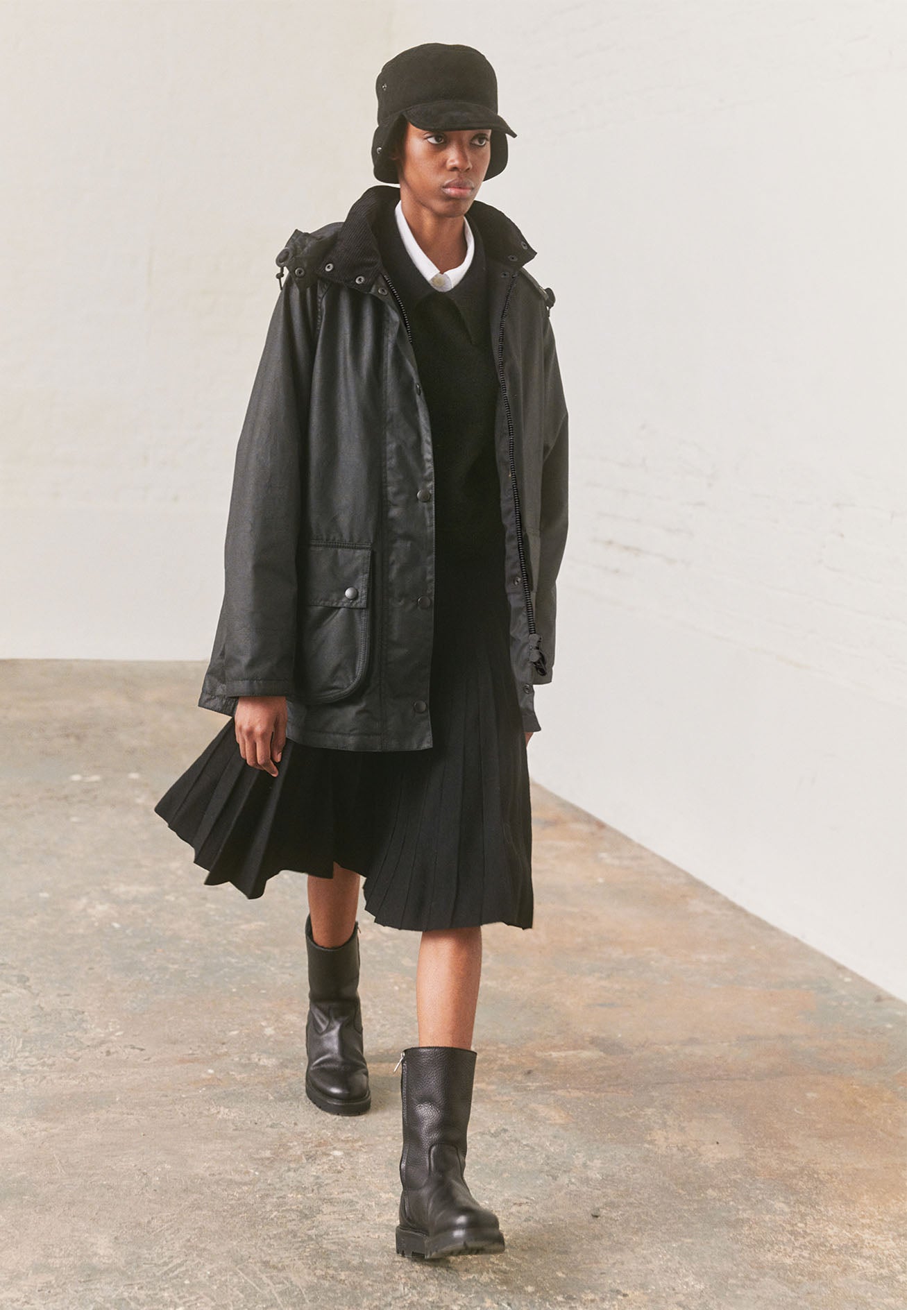Black waxed cotton Stand Collar Parka | Margaret Howell