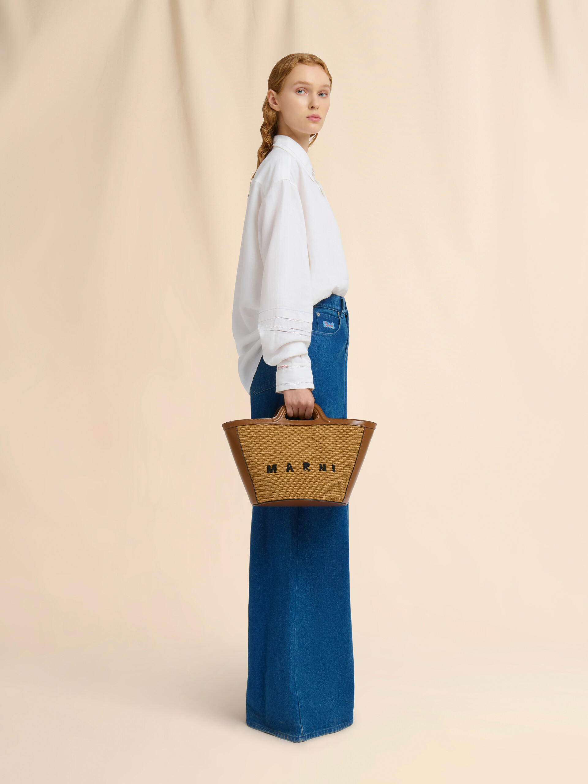 Tropicalia Small Bag in brown leather and raffia-effect fabric | Marni