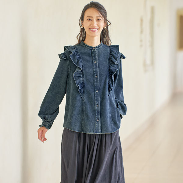 フリル使いデニムシャツ | 京都通販ミセスのファッション館・本店