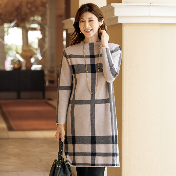 ビッグチェックニットチュニックワンピース | 京都通販ミセスの