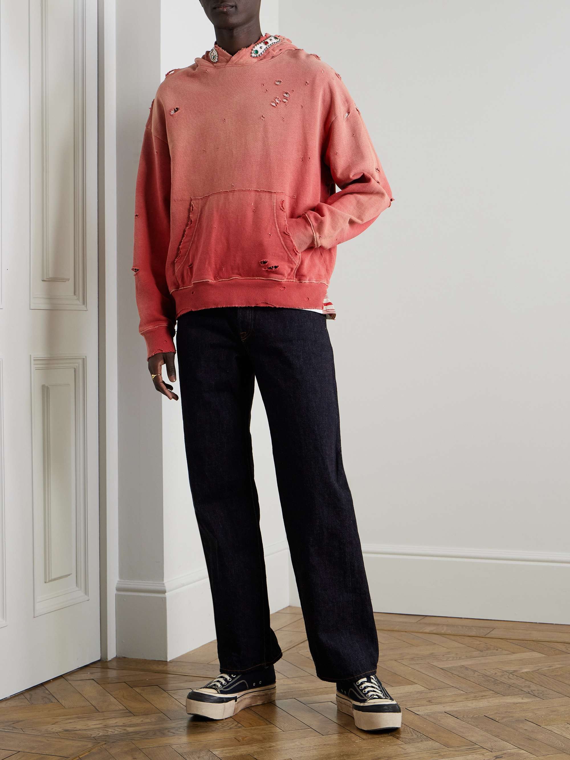 KAPITAL Embellished Suede-Trimmed Distressed Cotton-Jersey Hoodie