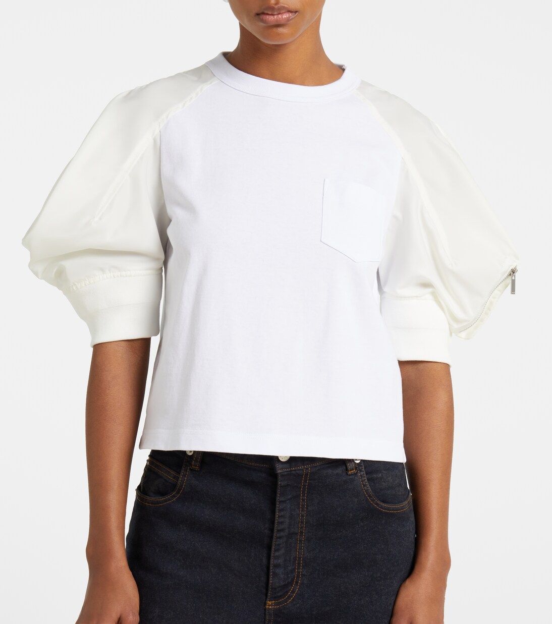 Puff-sleeve cotton-blend T-shirt in white - Sacai | Mytheresa