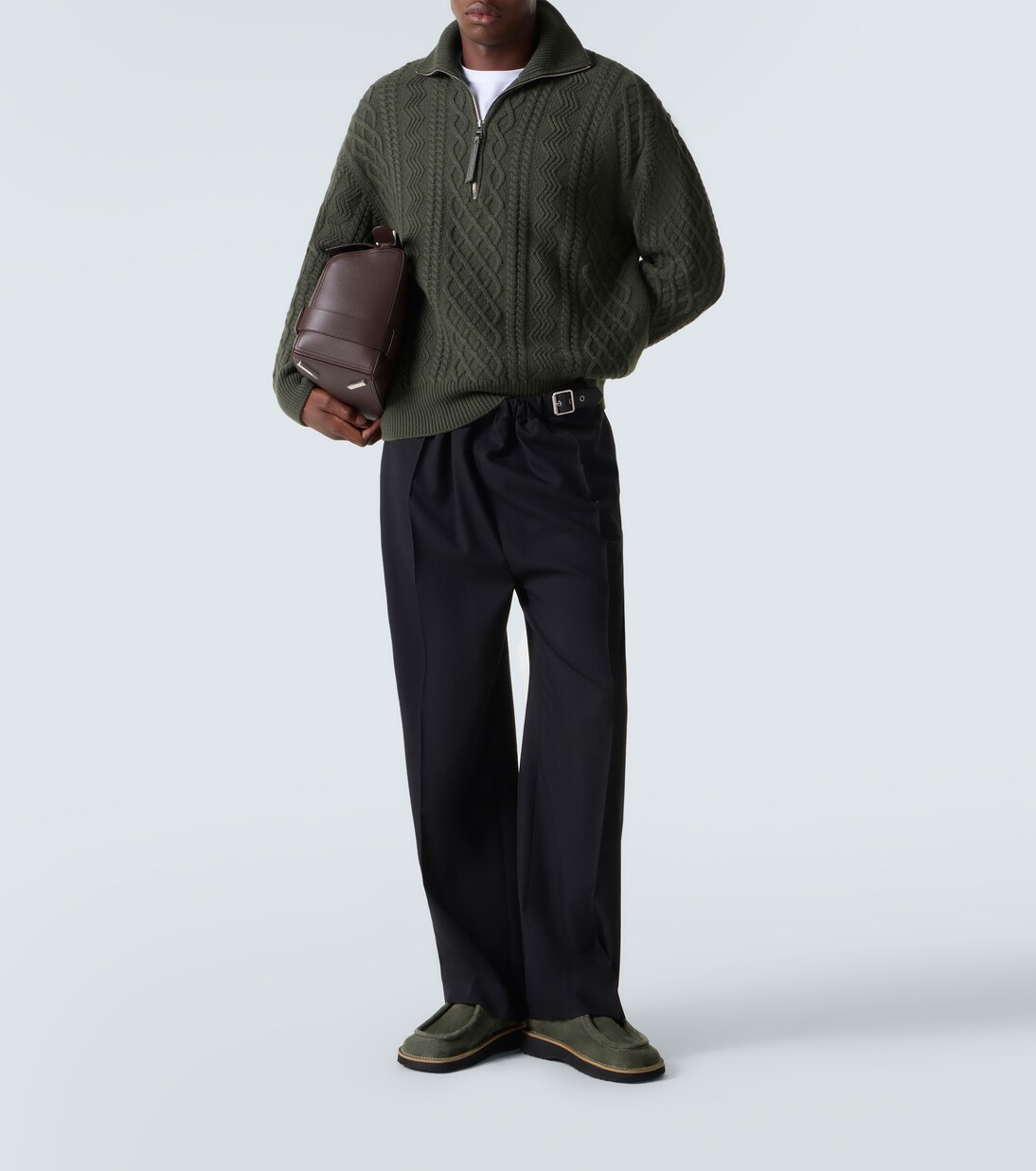 Aran-knit wool half-zip turtleneck sweater in green - Loewe