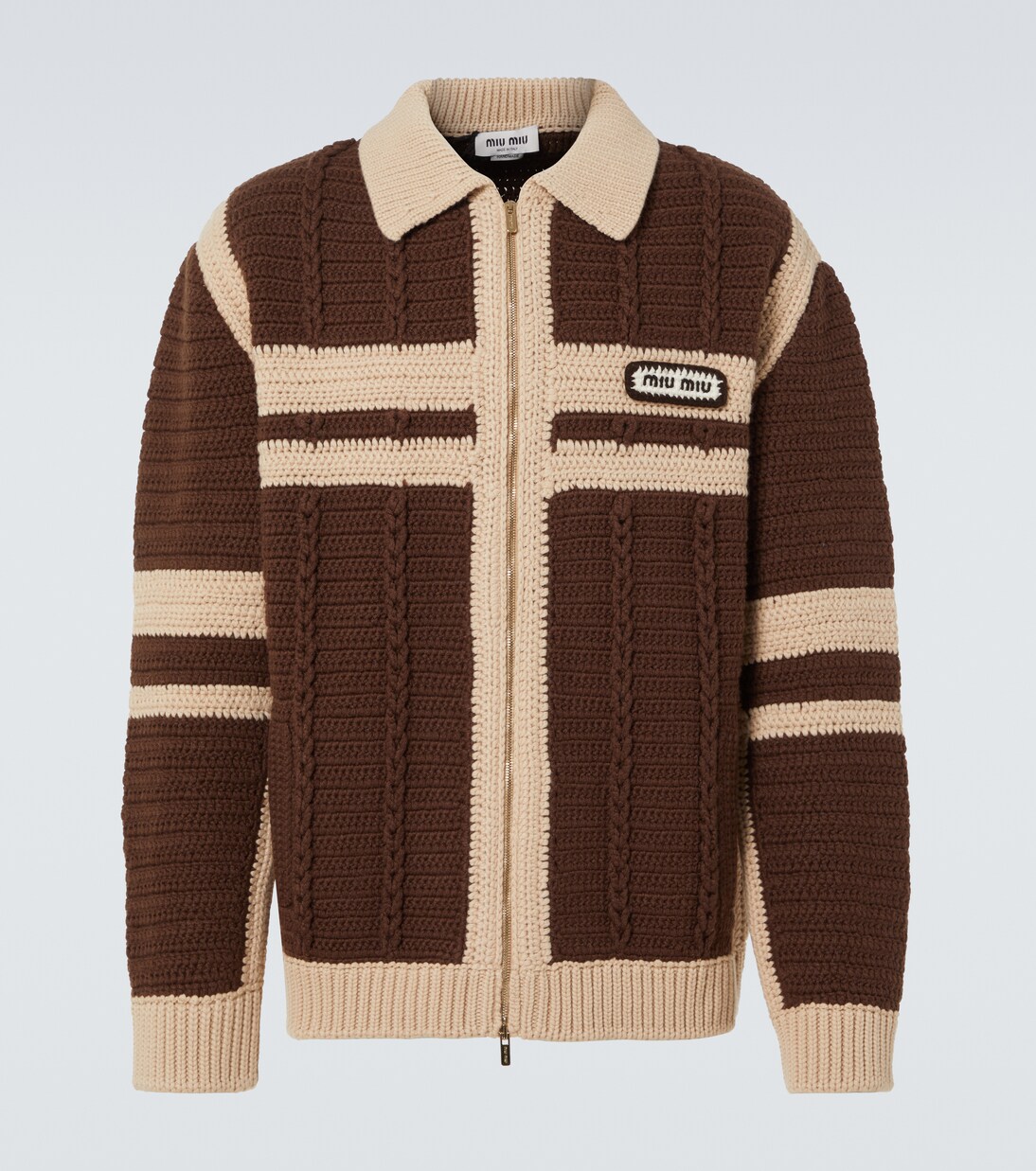 Cable-knit cashmere zip-up sweater in brown - Miu Miu | Mytheresa