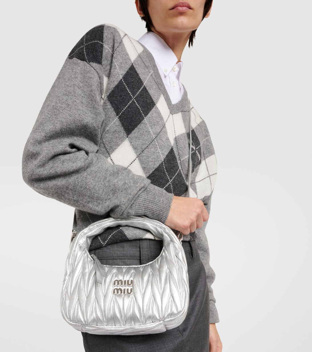Wander Small matelassé leather shoulder bag in silver - Miu Miu