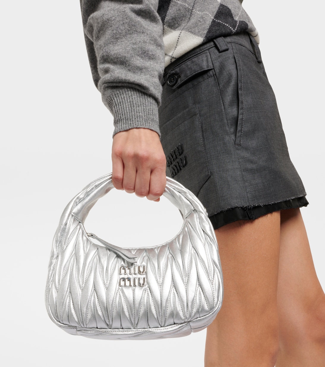 Wander Small matelassé leather shoulder bag in silver - Miu Miu
