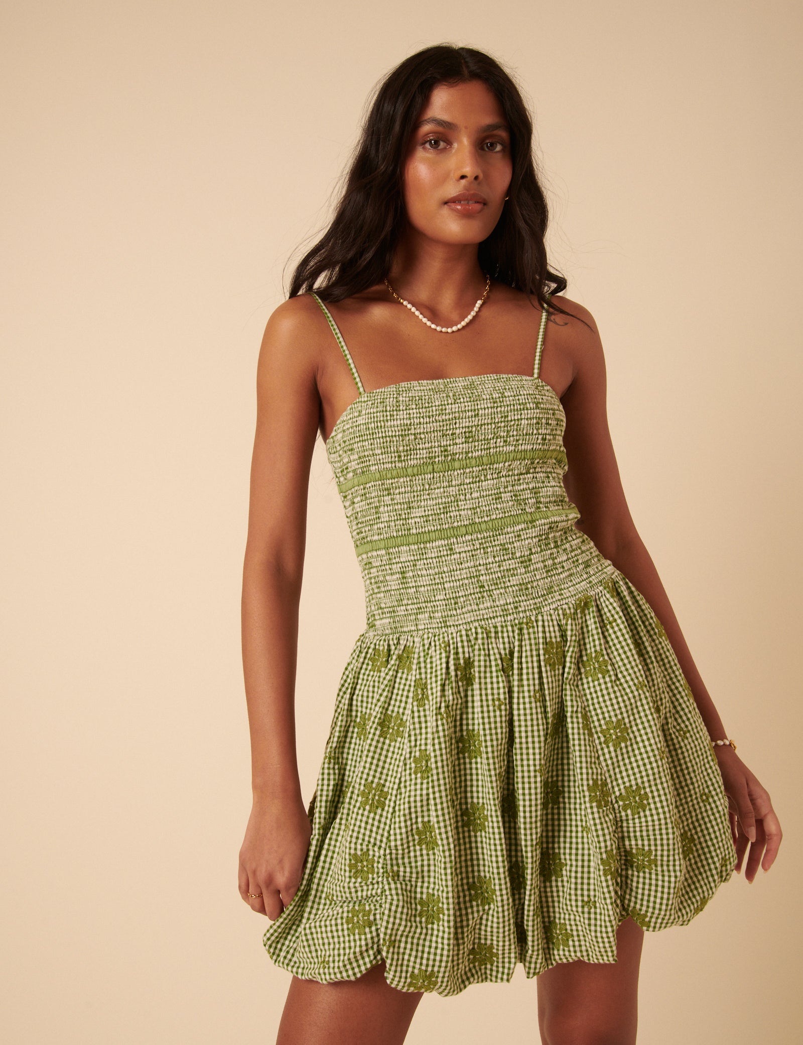 Green Gingham Embroidered Bubble Hem Sofia Mini Dress
