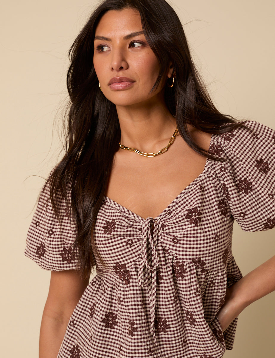 Brown Gingham Embroidered Top
