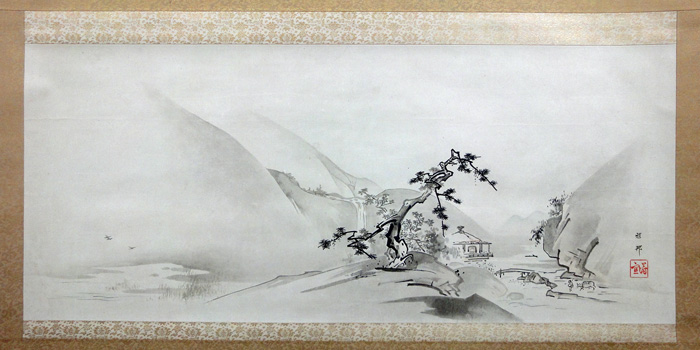 橋本雅邦筆【絹本、楼閣山水図着色画】岩絵具使用【橋本秀邦鑑識箱