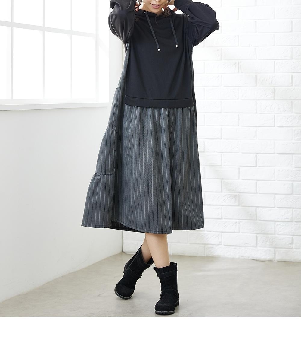 フード付バックティアード異素材ドッキングワンピース【Otona Purete