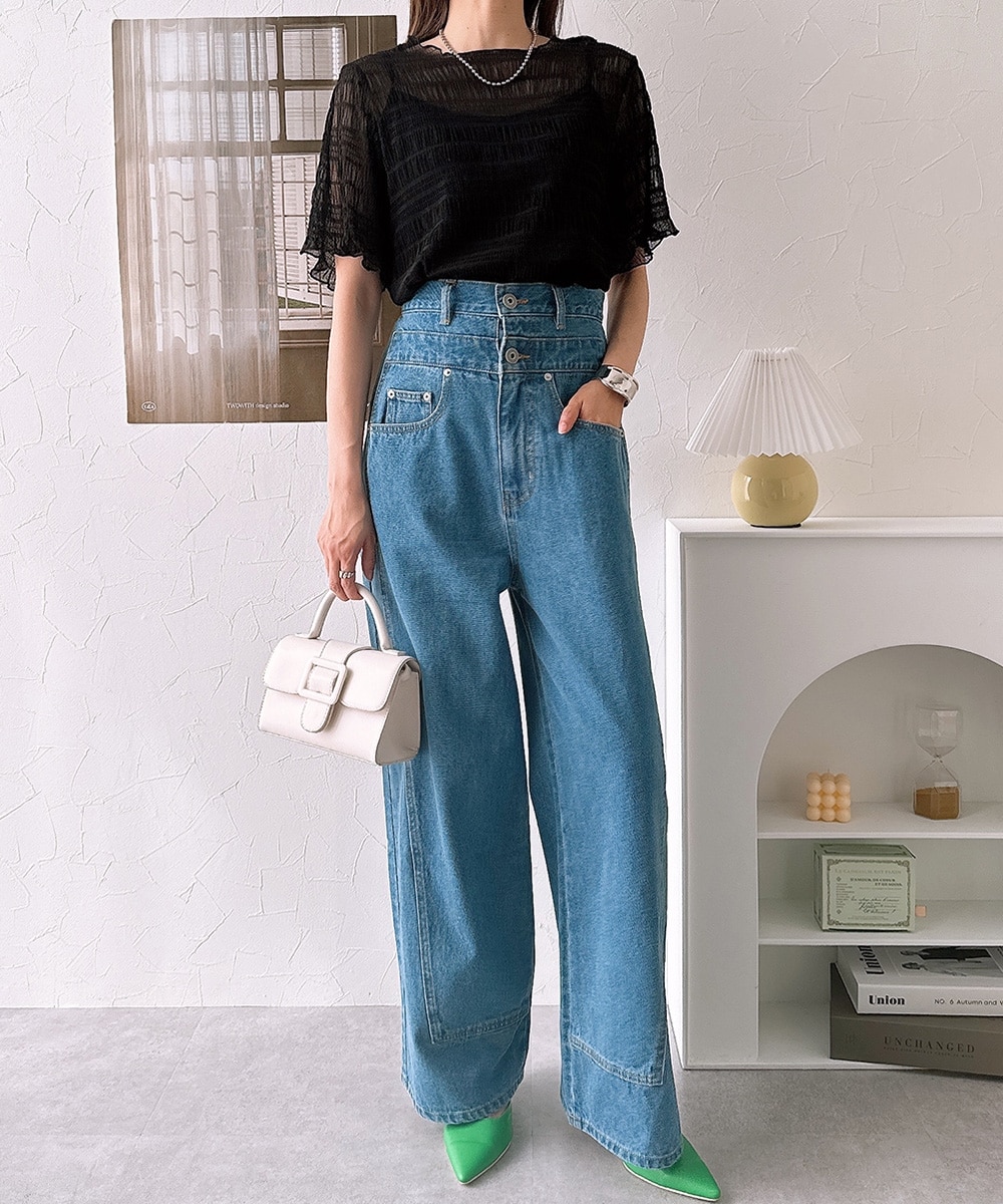 ハイウエストオーバーラップワイドデニムパンツ 通販【ニッセン】