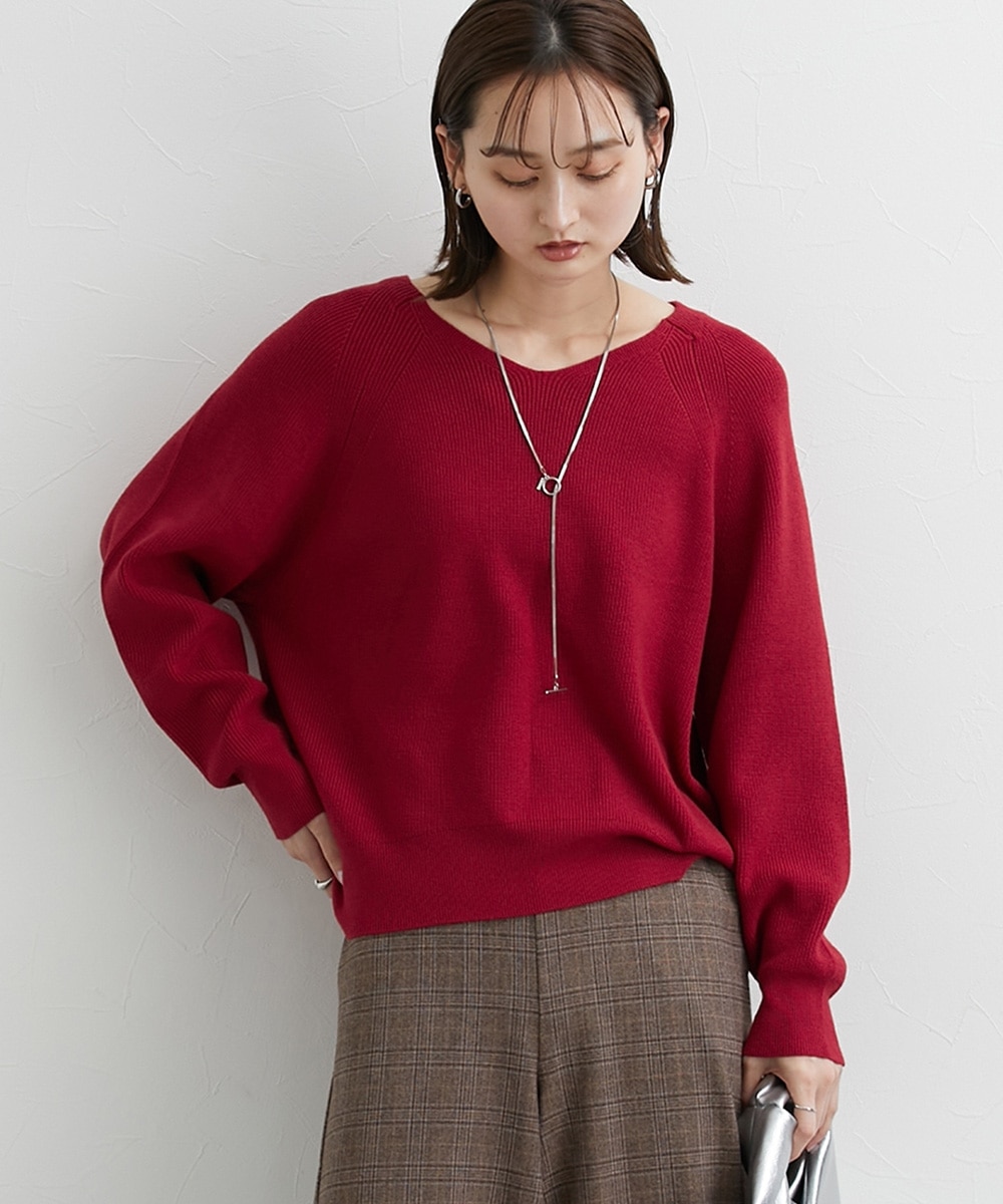 もちもち素材 畔編みVネックラグランスリーブニット 通販【ニッセン】