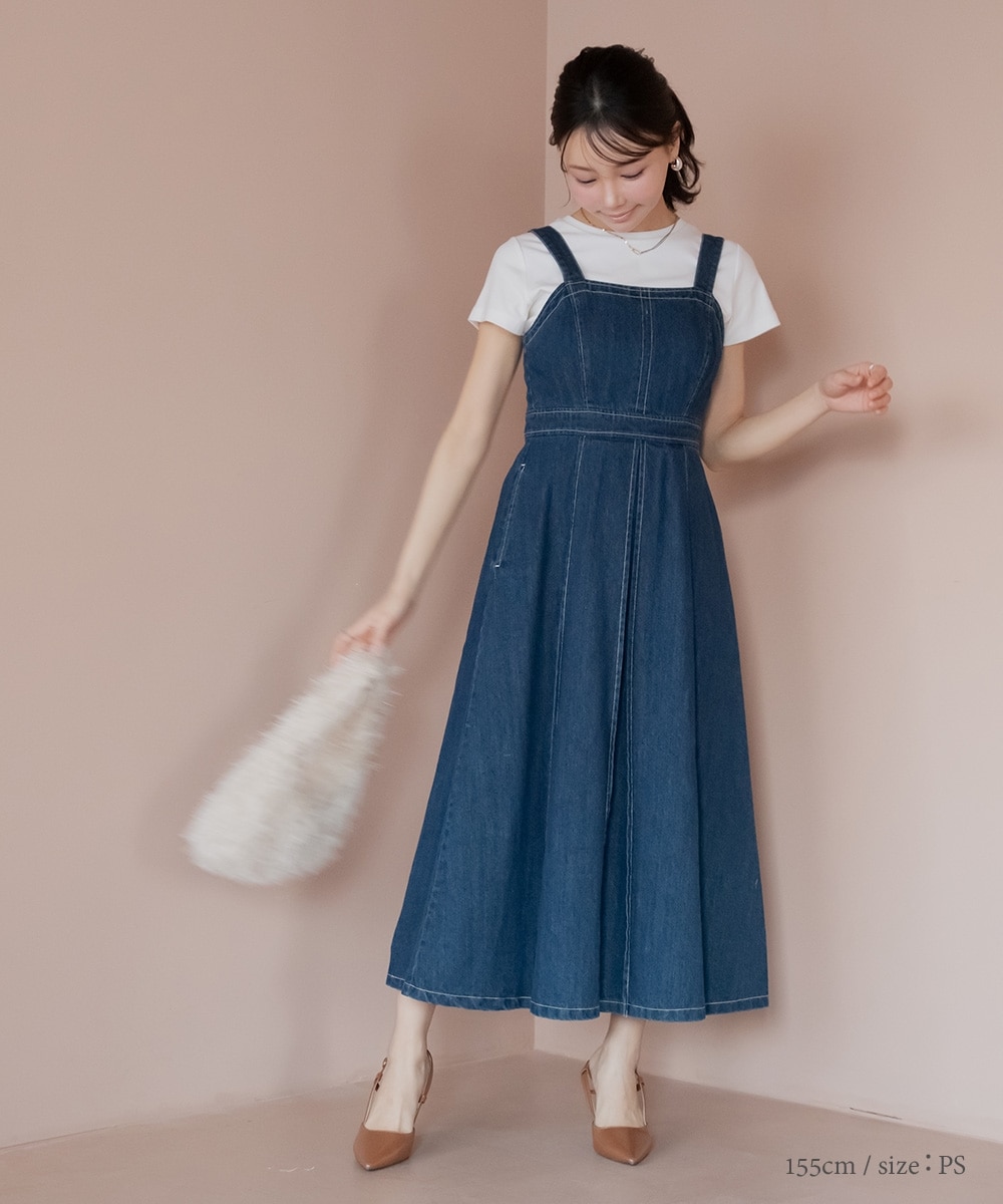 小さいサイズ 綿100％配色ステッチデニムワンピース 低身長さん・小柄