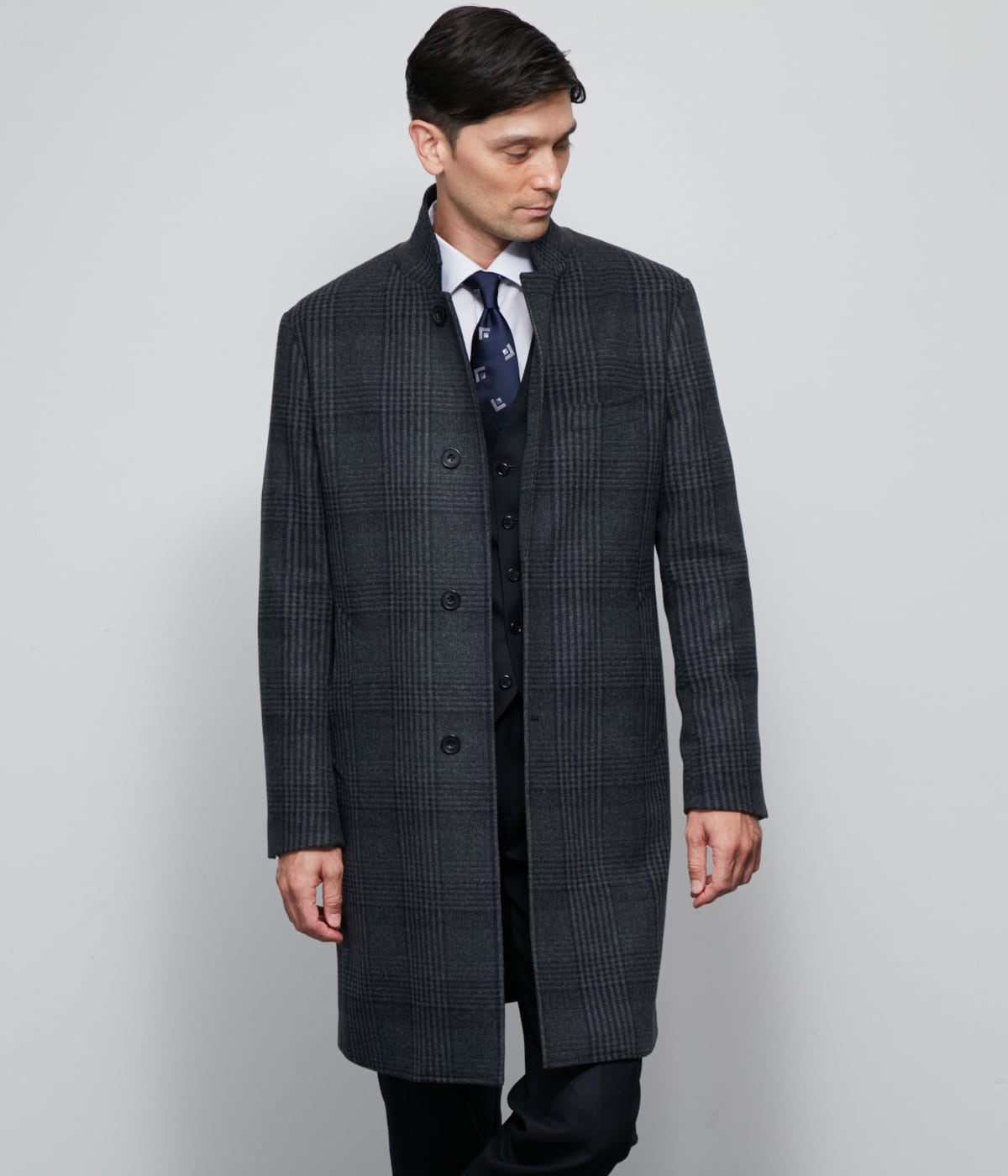 カシミヤ混 チェック ビーバー コンバーチブルカラーコート(11333307