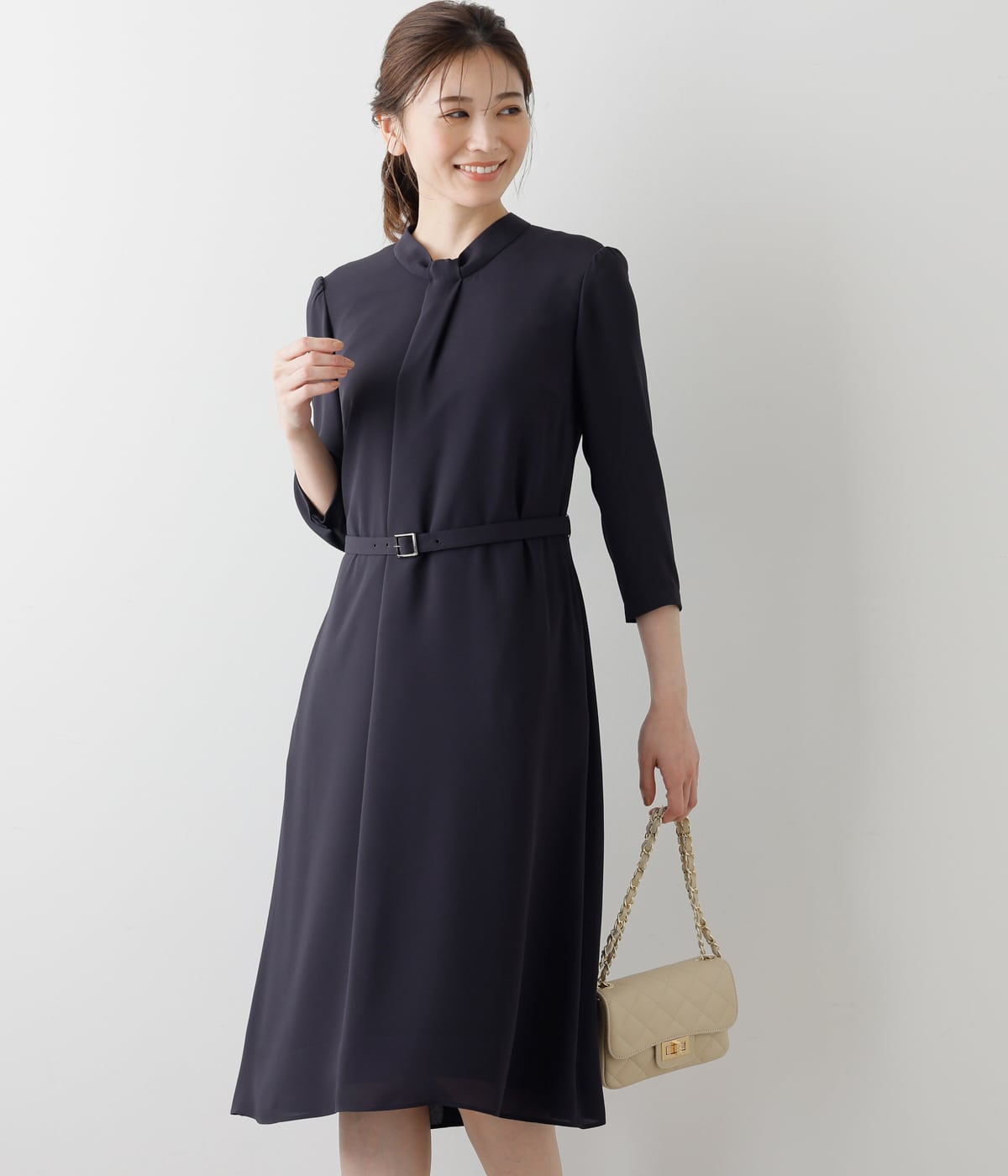 L】ポリエステルソフトクロス 7分袖ボウタイ風ワンピース(54443155