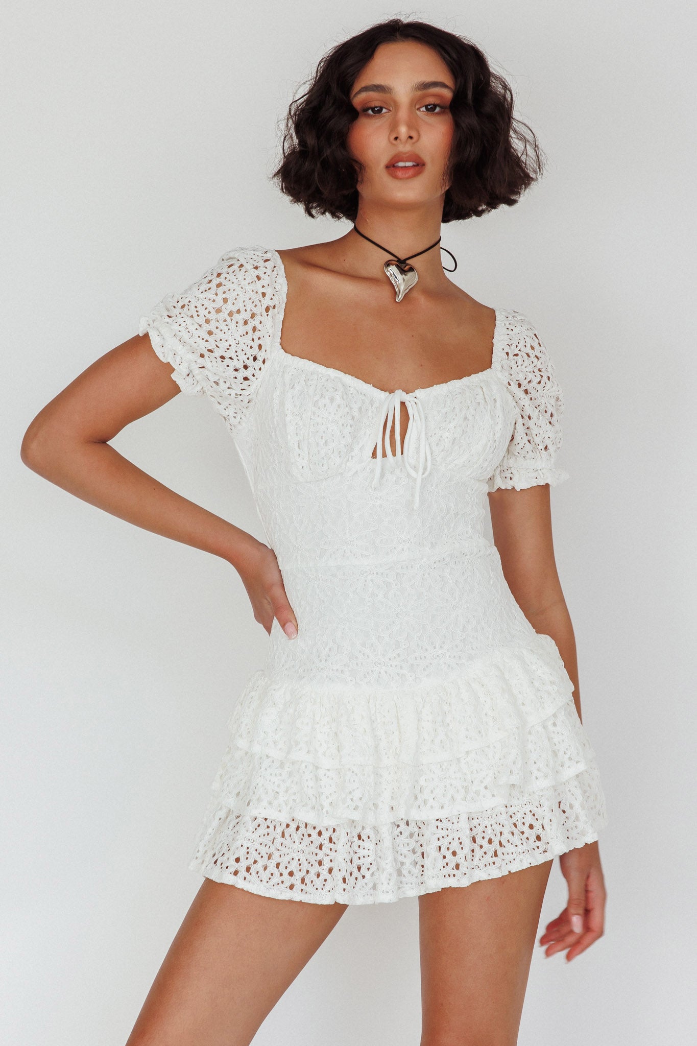 Shop the Vanda Layered Ruffle Lace Mini Dress White