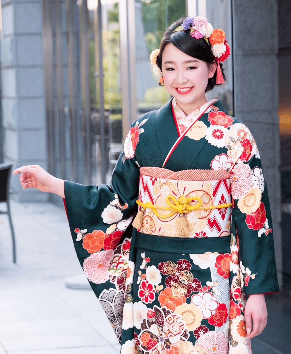 深緑笹に菊ぼたん[FS0687] | 成人式振袖レンタル京都さがの館