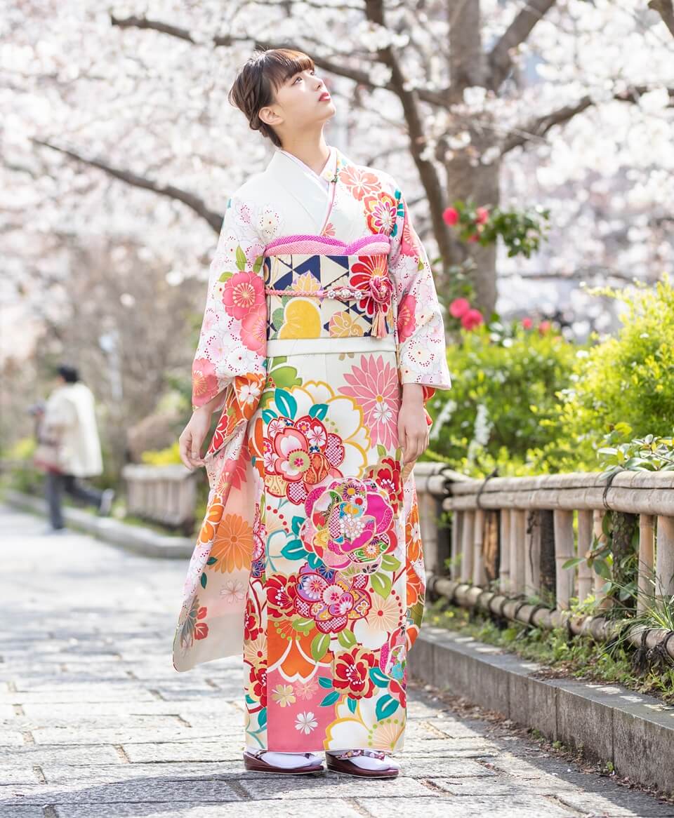 白地ピンク牡丹と桜[FS0954] | 成人式振袖レンタル京都さがの館