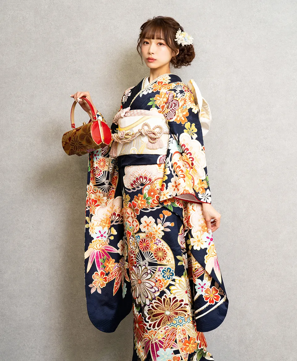 紺地扇に菊と松[FS1064] | 成人式振袖レンタル京都さがの館