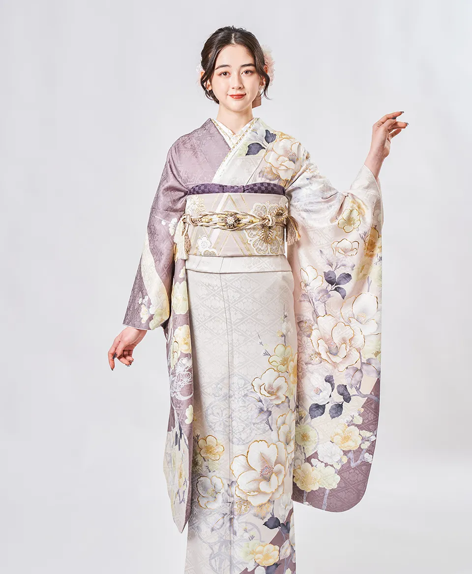 チャコールグレーに椿と桜[FS5021] | 成人式振袖レンタル京都さがの館