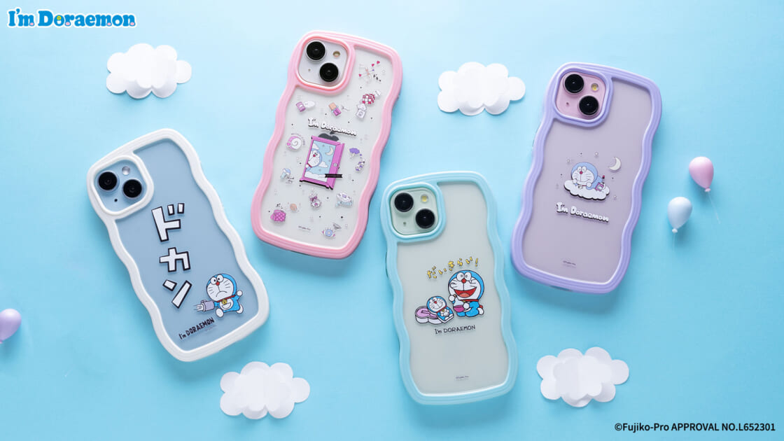 トレンドのウェーブフレーム型iPhoneケースにアイムドラえもんデザイン