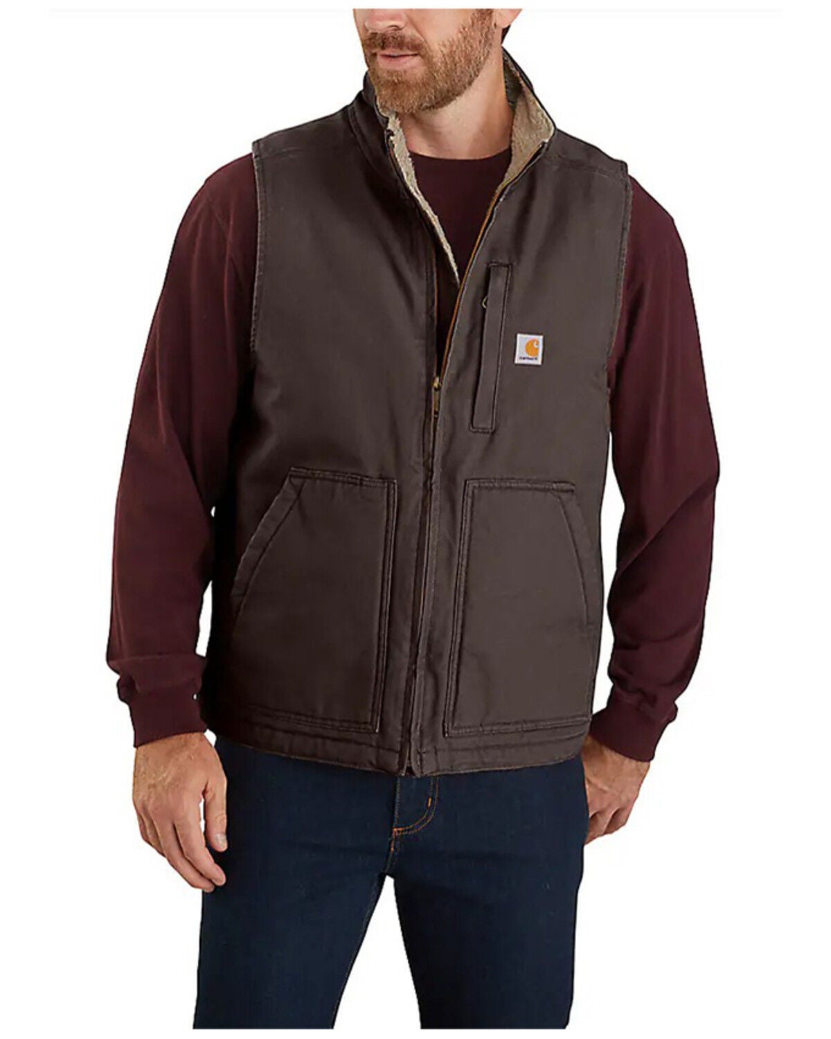 Carhartt Men's Dark Brown Washed Duck Sherpa Lined Mock Neck Work