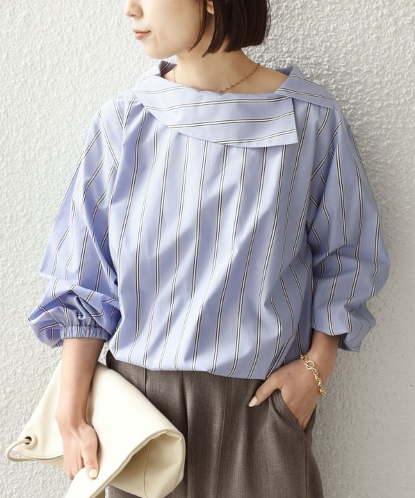 予約》SHIPS Colors:〈洗濯機可能〉ロールカラー ストライプ ブラウス2