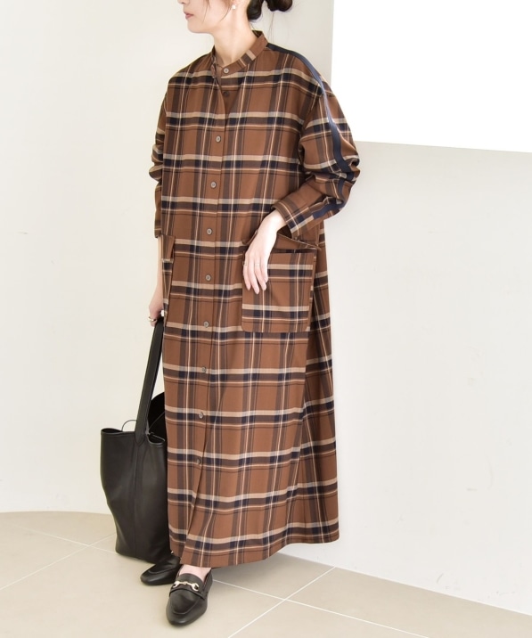 quaranciel: バンドカラー ライン チェック ポケット シャツ