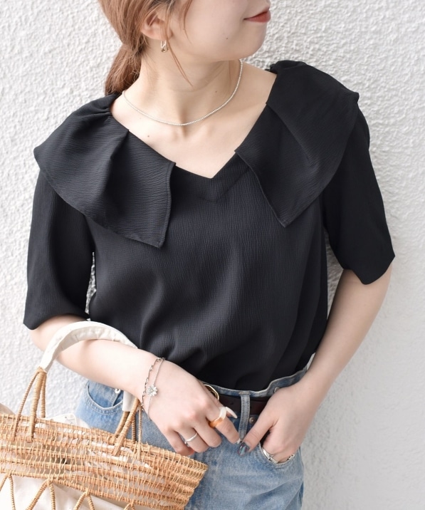 WEB限定】SHIPS any:〈洗濯機可能〉ラフ サテン フリルカラー ブラウス