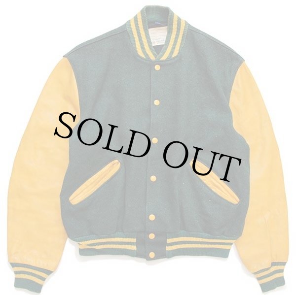 70s DeLONGデロング メルトン ウール 袖革スタジャン 緑×マスタード 44