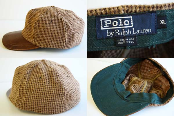 90s USA製 ポロ ラルフローレン レザー×ツイード ウール キャップ XL