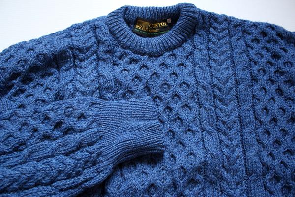 アイルランド製 ケーブル編み ニットセーター 青 42☆フィッシャーマン