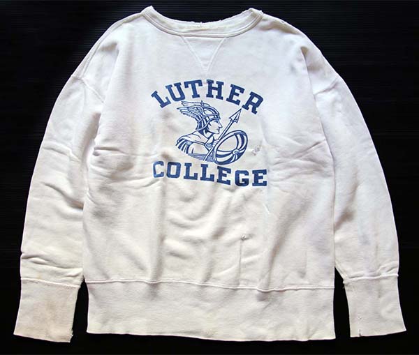 50s LUTHER COLLEGE 染み込みプリント 前V コットン スウェット 白