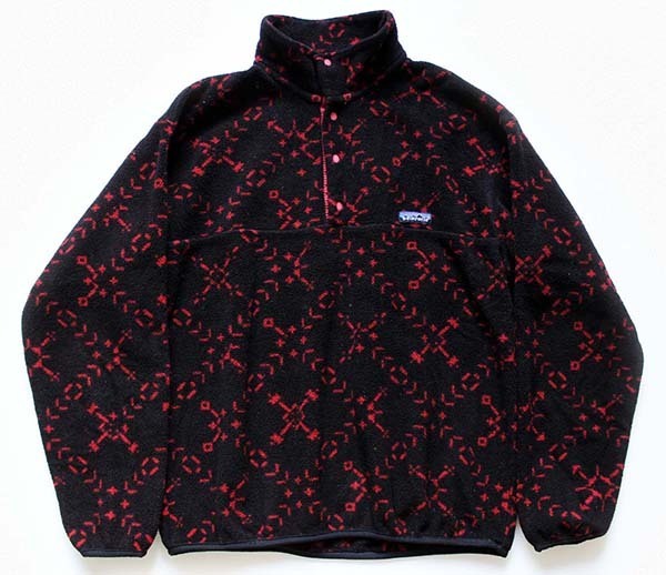90s USA製 patagoniaパタゴニア スノー 総柄 フリース スナップT 黒 M