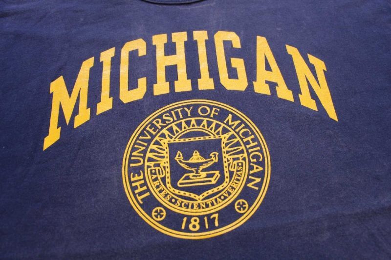 80s USA製 RUSSELLラッセル MICHIGAN コットンTシャツ ナス紺 フェード