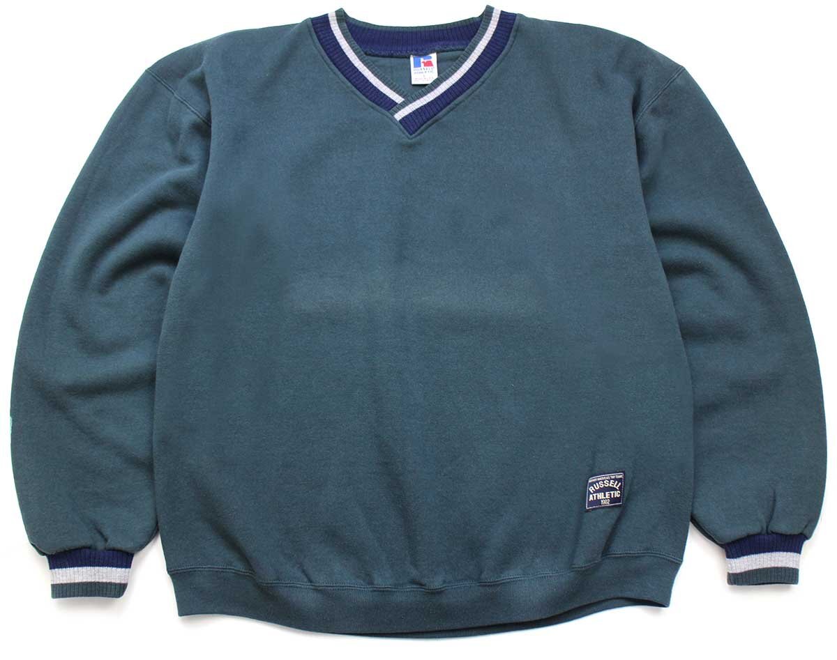 90s USA製 RUSSELLラッセル 無地 Vネック リブライン スウェット 深緑