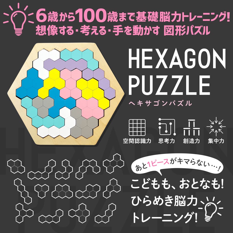 木製！ひらめき 図形パズル HEXAGON PUZZLE（ヘキサゴンパズル