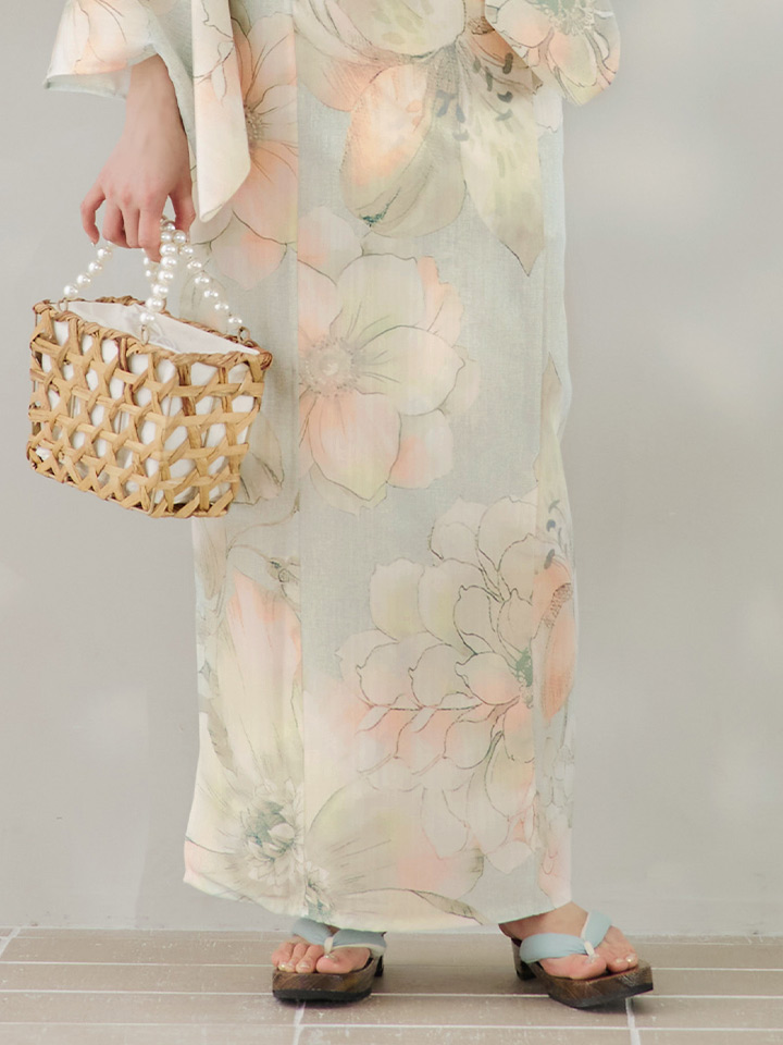 即日発送】アイシーミントフラワー浴衣【浴衣3点セット 浴衣/帯/下駄