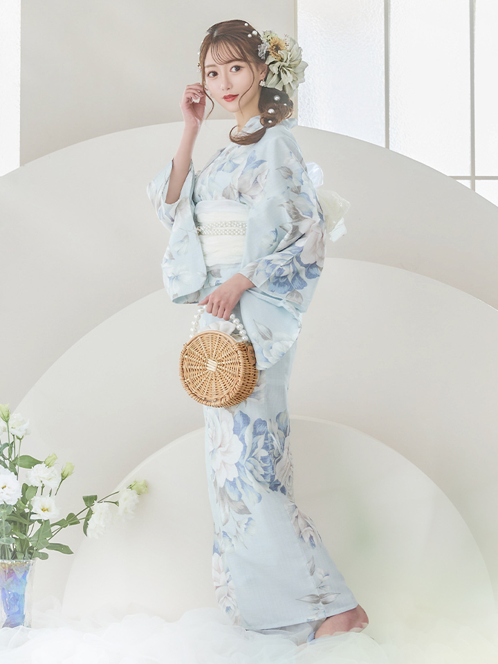 即日発送】クラシカルローズブルー浴衣【浴衣3点セット 浴衣/帯/下駄